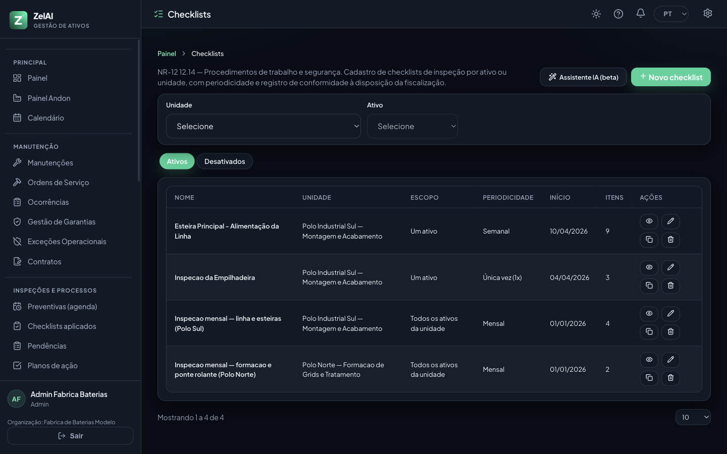 Cadastro de checklists de inspeção por ativo, unidade e periodicidade